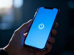 Nowoczesny smartfon leżący na drewnianym biurku z widocznym przyciskiem zasilania na bocznej krawędzi obudowy.
