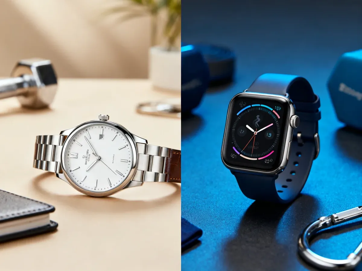 Klasyczny zegarek i smartwatch zestawione obok siebie