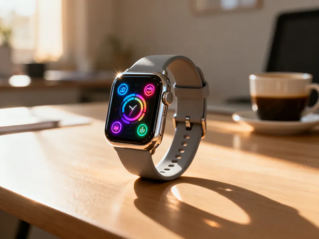 Nowoczesny smartwatch z kolorowym interfejsem monitorowania zdrowia na minimalistycznym biurku w świetle poranka.