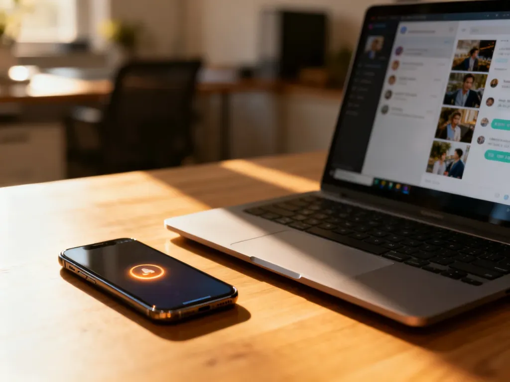 Smartfon leżący obok laptopa z wyświetlonym interfejsem telefonu, ilustrujący działanie aplikacji Łącze z telefonem.