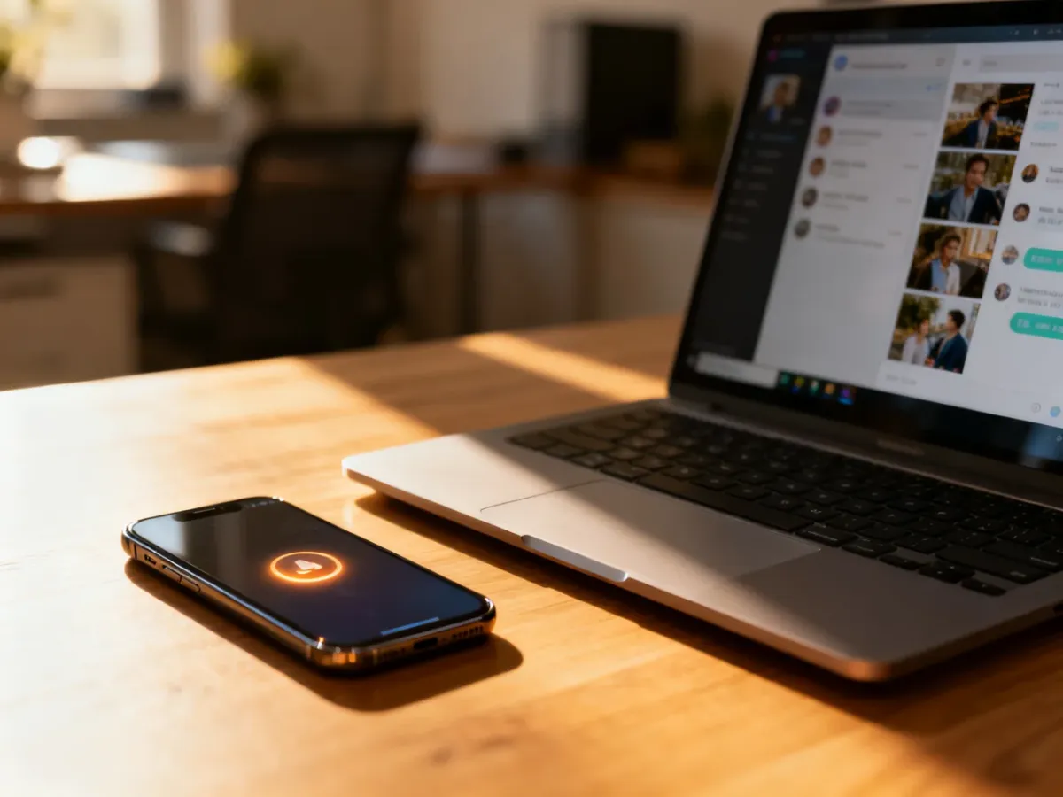 Smartfon leżący obok laptopa z wyświetlonym interfejsem telefonu, ilustrujący działanie aplikacji Łącze z telefonem.