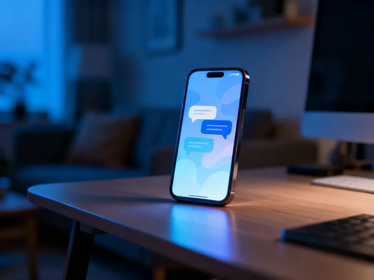 Ekran smartfona z widocznymi dymkami czatu na drewnianym biurku, ilustrujący proces sprawdzania wiadomości na iPhone.