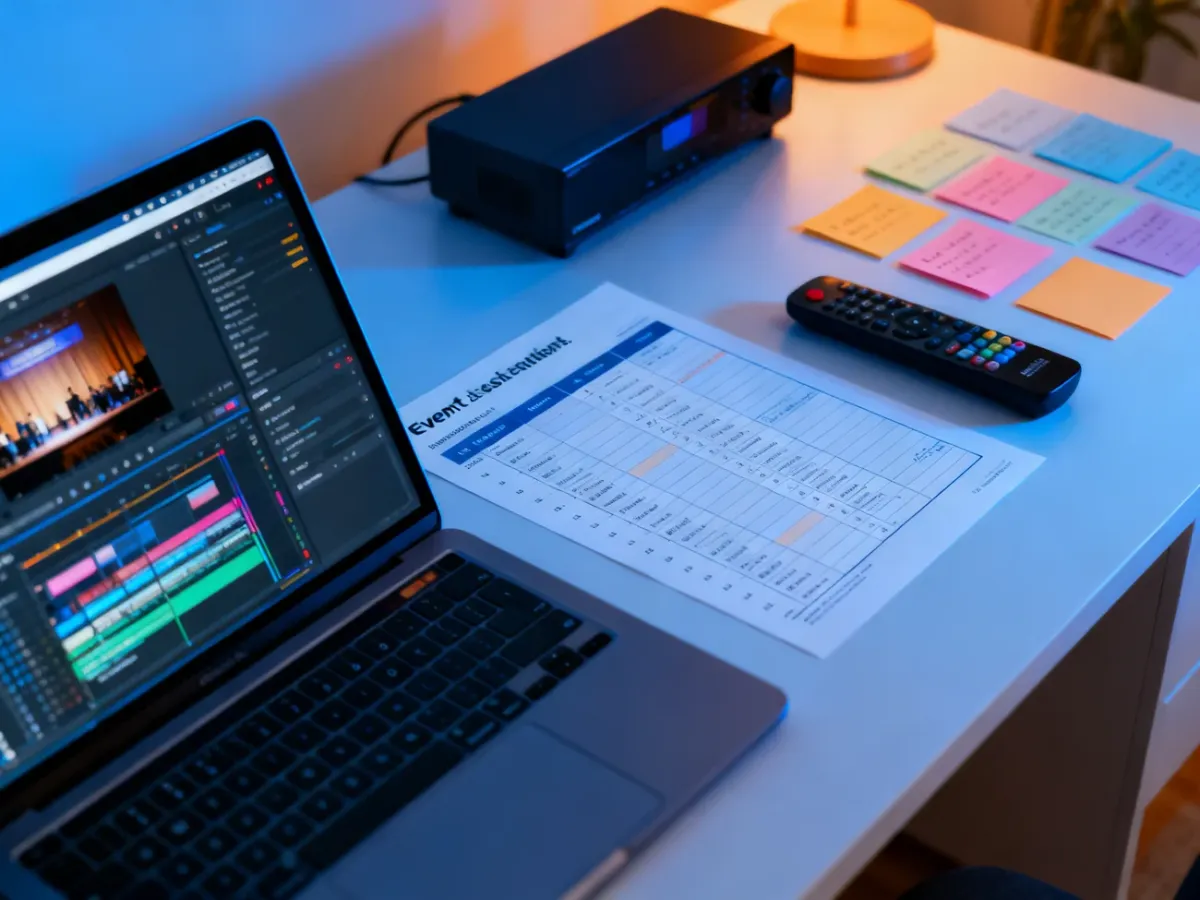 Laptop surrounded by items symbolizing software, event schedules, media and education