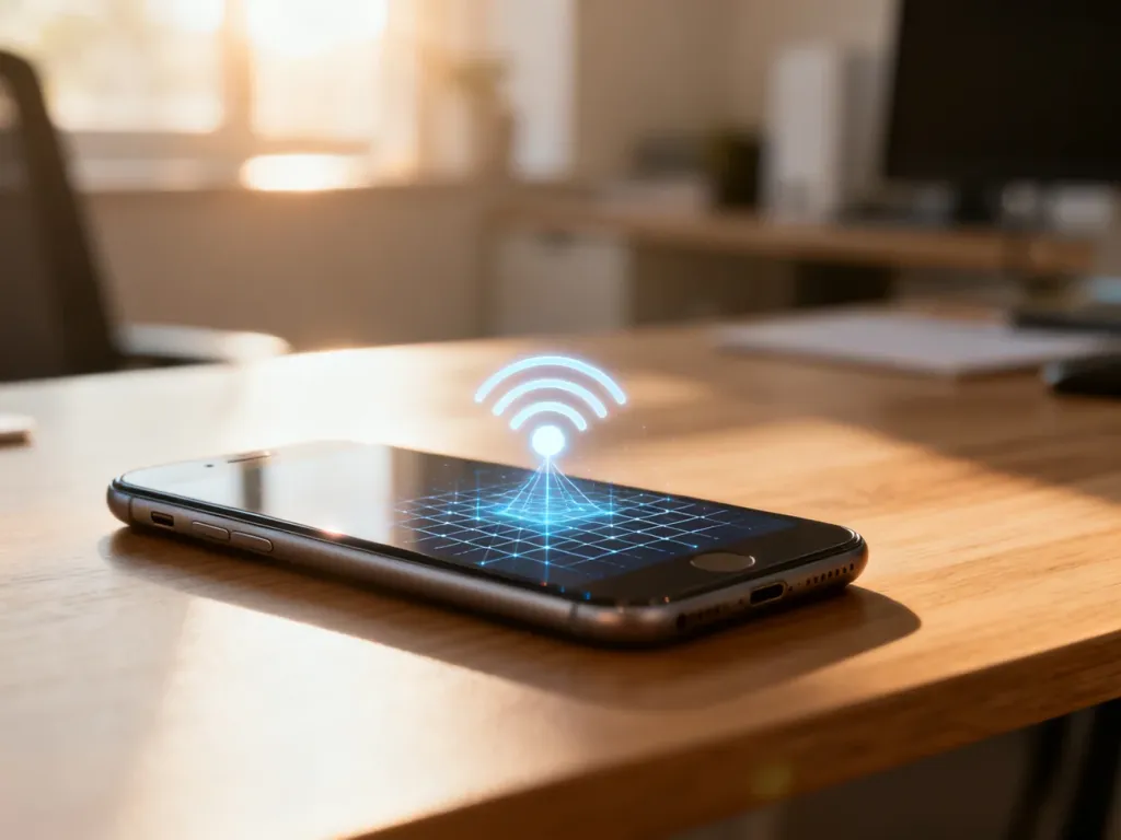 Nowoczesny smartfon na biurku z ikoną sieci komórkowej, symbolizujący sprawdzanie operatora numeru telefonu.