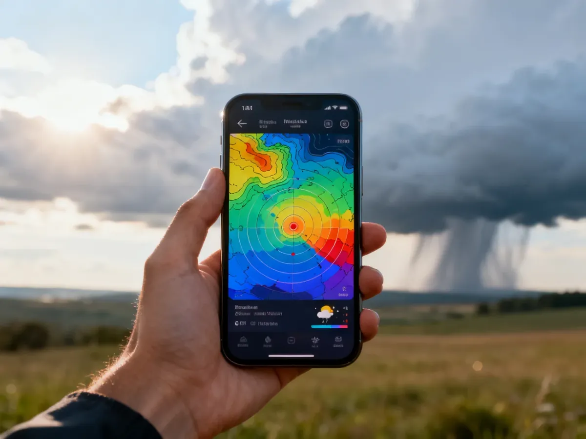 Smartfon z aplikacją pogodową na tle zmiennej pogody