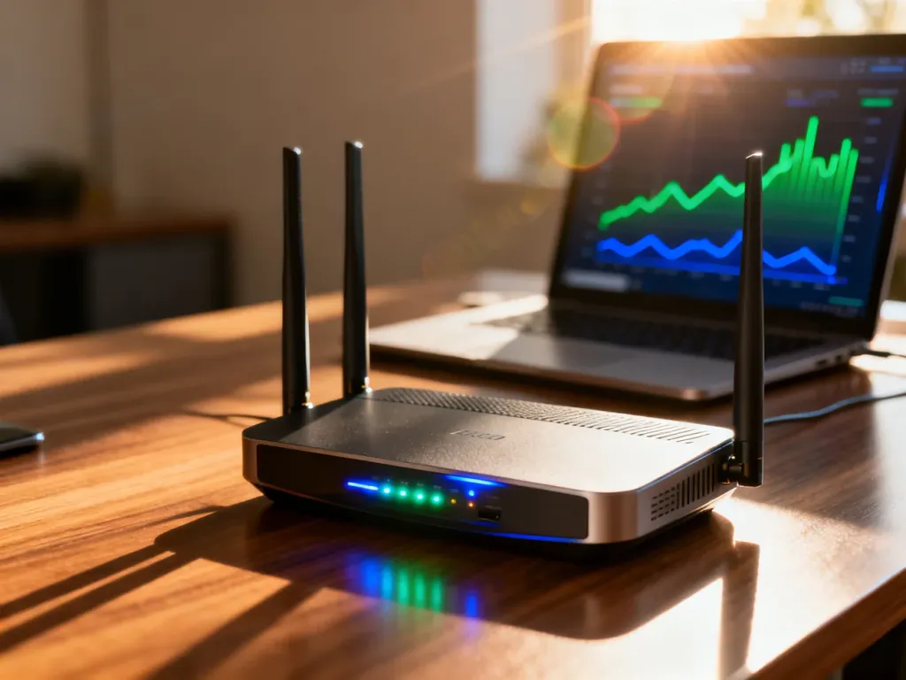 Nowoczesny router na biurku z widocznym w tle wykresem testu prędkości łącza internetowego na ekranie laptopa.