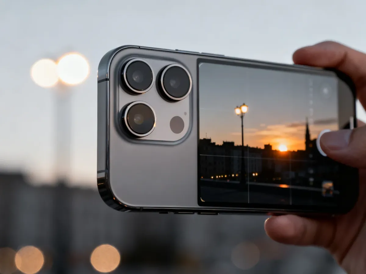 Smartfon z wieloma obiektywami fotografujący miejską scenę o zmierzchu