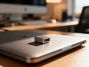 Nowoczesny smartfon leżący na drewnianym biurku z widoczną ikoną ładowania baterii na wygaszonym ekranie.