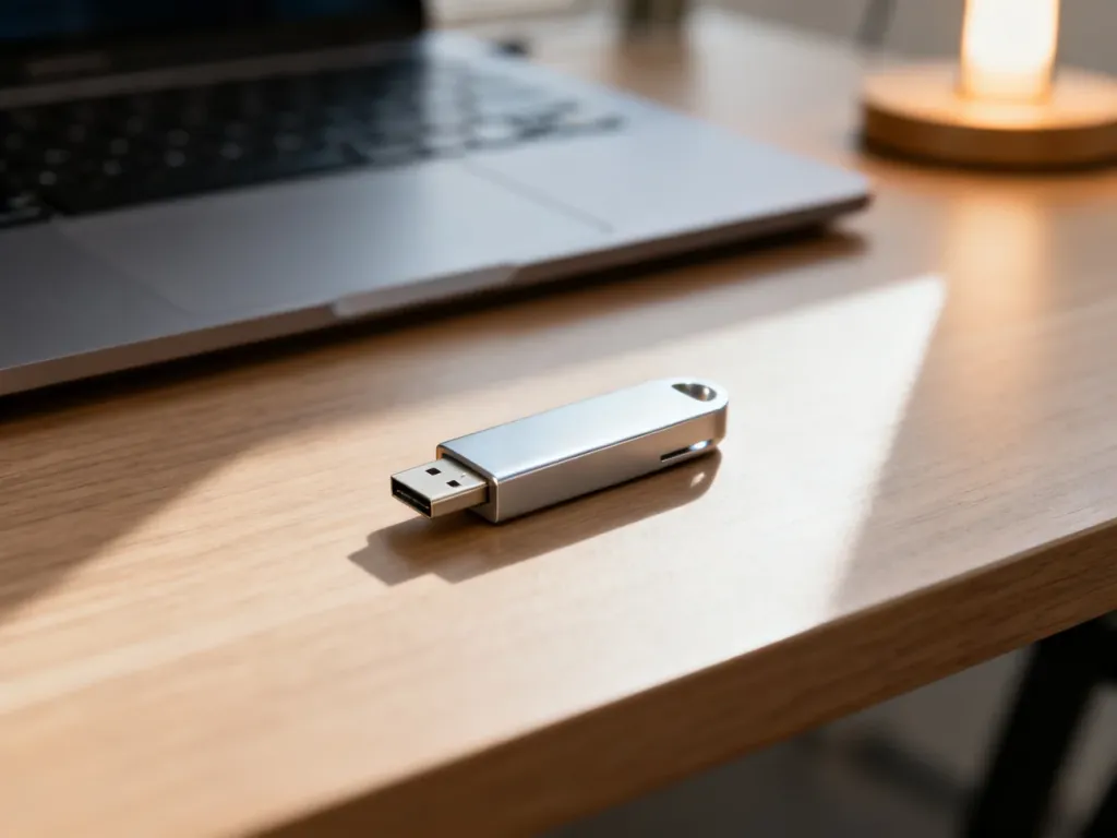 Nowoczesny srebrny pendrive leżący na drewnianym biurku obok laptopa, gotowy do użycia w biurowym otoczeniu.