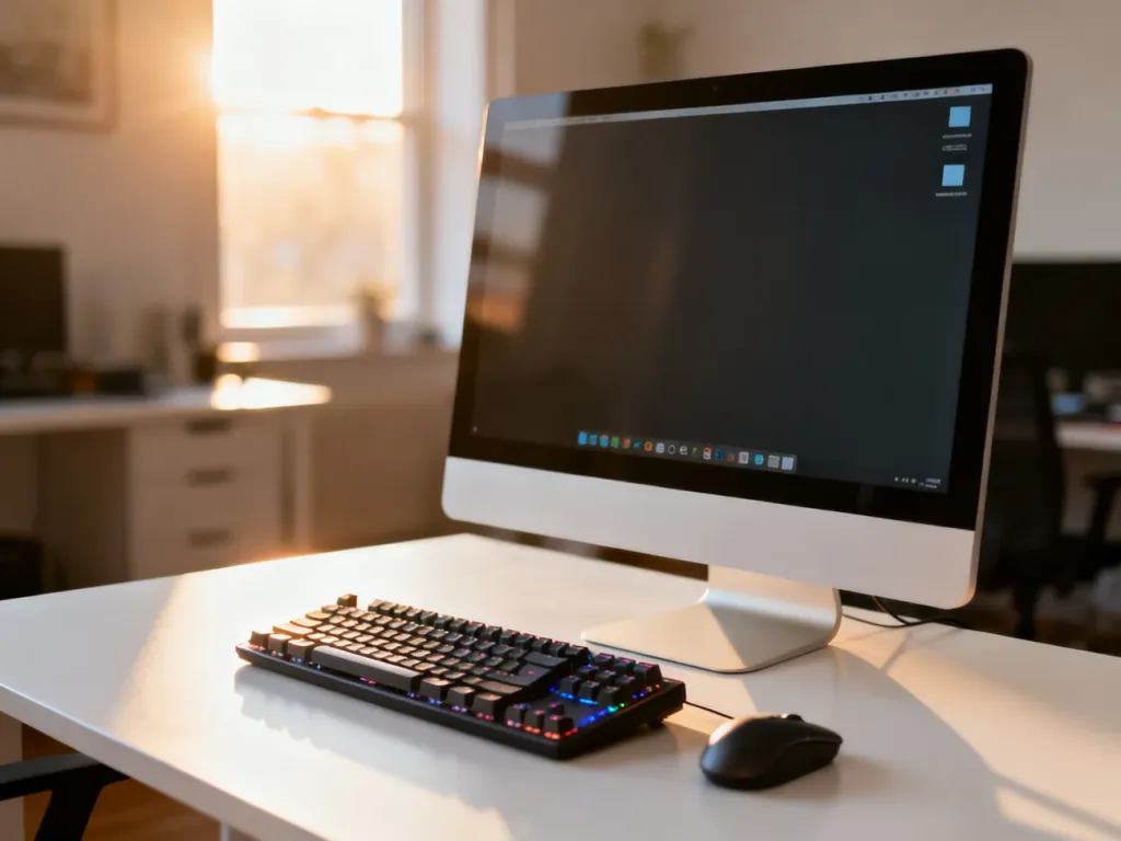 Nowoczesne stanowisko komputerowe z monitorem i akcesoriami na biurku, gotowe do pracy w systemie Windows.