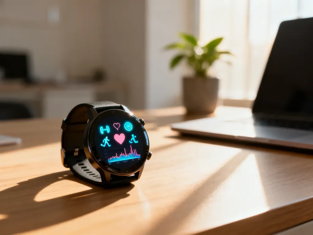 Nowoczesny smartwatch na drewnianym biurku z widocznymi na ekranie ikonami fitness i pomiarem tętna.