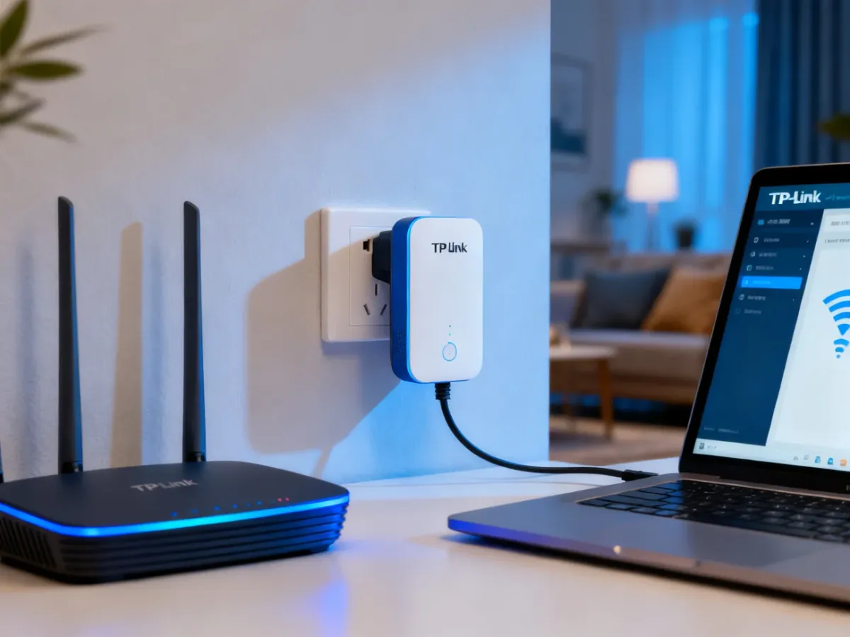 Wzmacniacz Wi-Fi TP-Link podłączony obok routera podczas konfiguracji