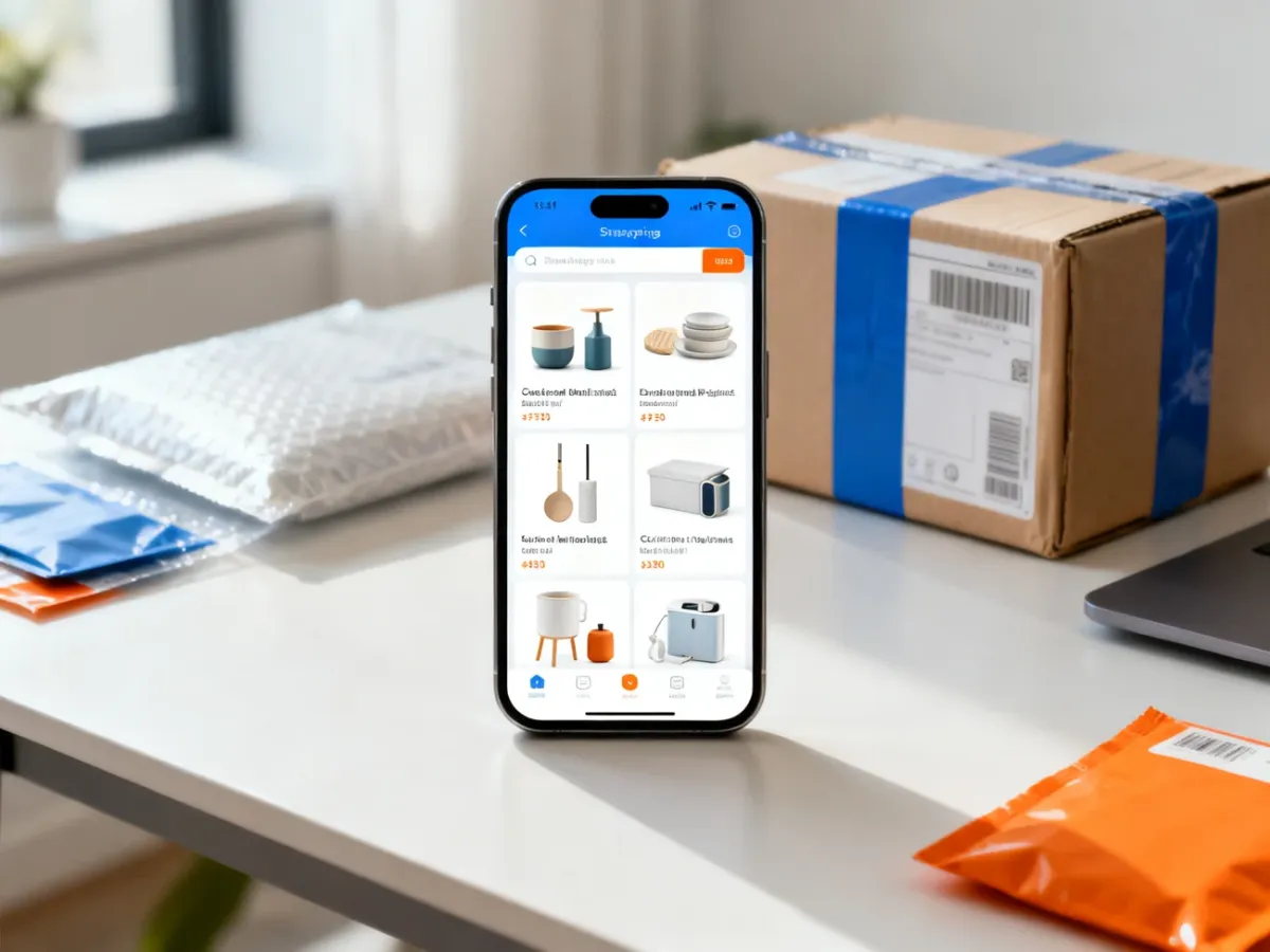 Smartfon z aplikacją zakupową obok drobnych akcesoriów i paczki