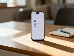 Smartfon z minimalistycznym interfejsem aplikacji społecznościowej na tle nowoczesnego biura domowego.