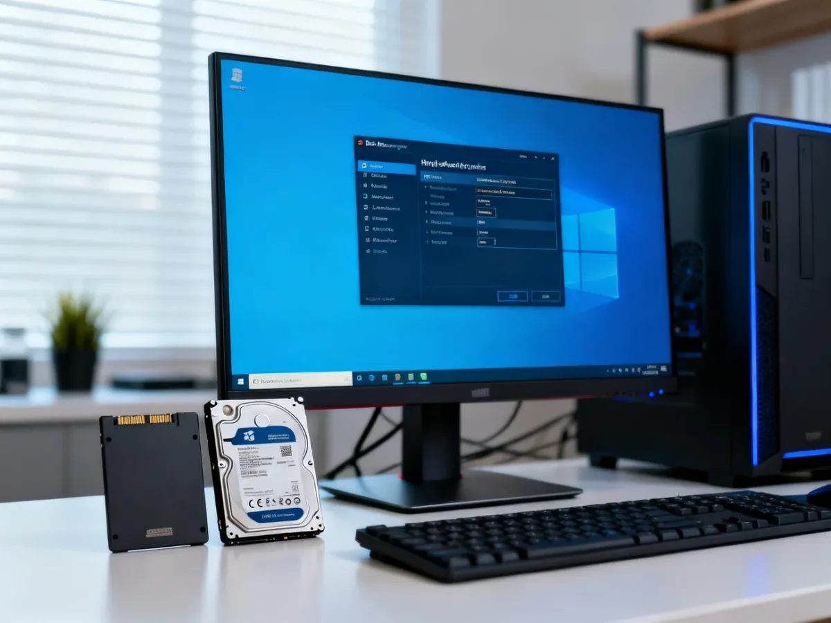 Ekran komputera z narzędziem Windows do sprawdzania modelu dysku oraz widoczne nośniki SSD i HDD