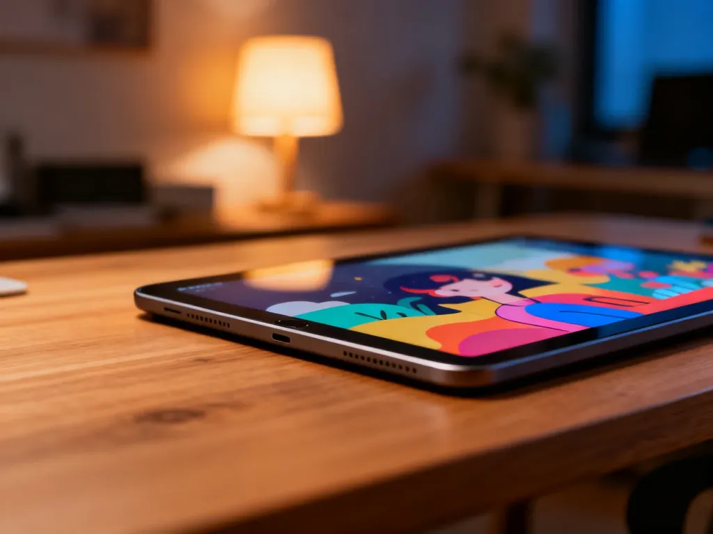 Nowoczesny tablet z kolorową grafiką na ekranie, leżący na drewnianym biurku w przytulnym domowym biurze.