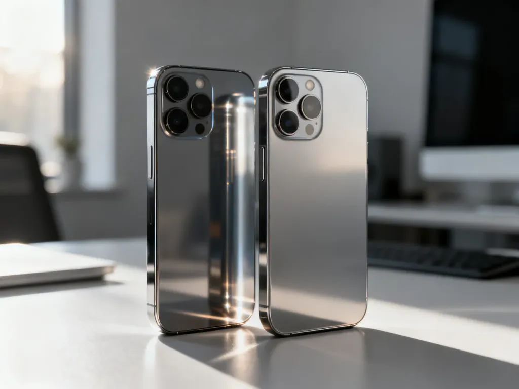 Dwa nowoczesne smartfony iPhone leżące obok siebie na minimalistycznym biurku w świetle poranka.