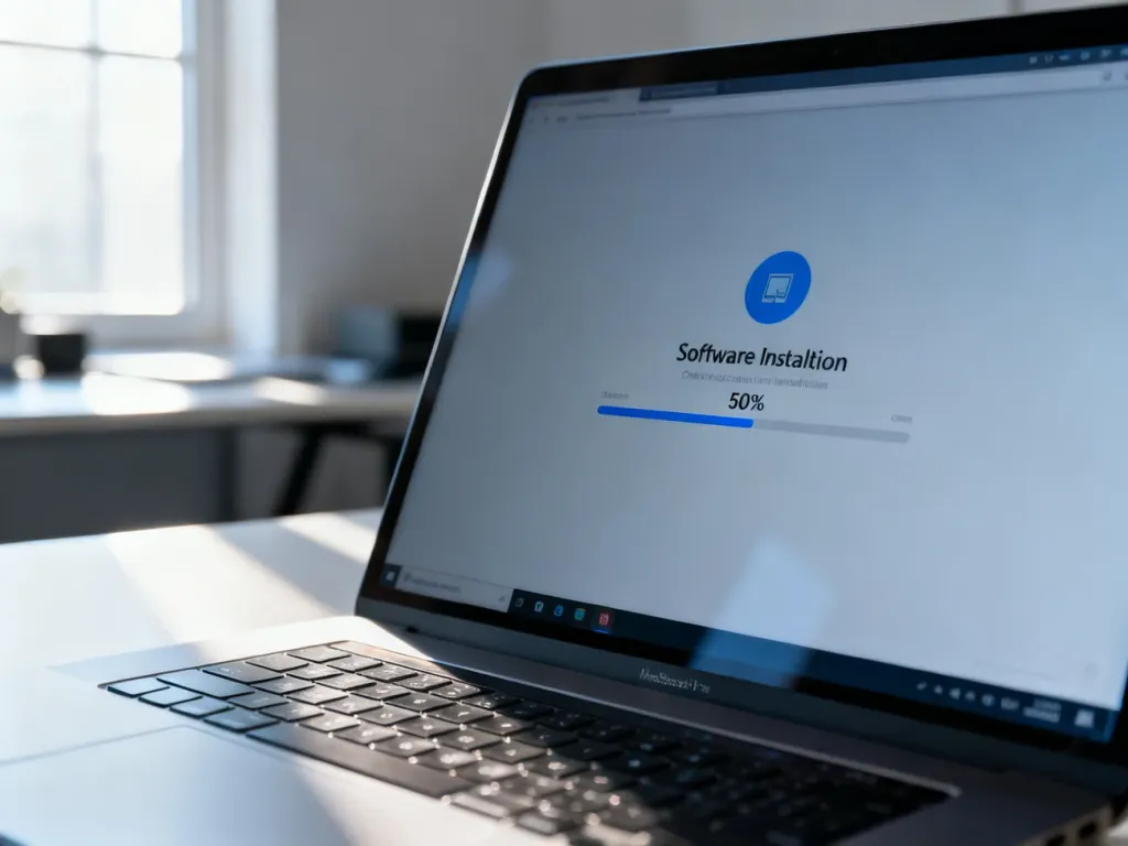 Ekran nowoczesnego laptopa z widocznym paskiem postępu instalacji oprogramowania w jasnym, domowym biurze.