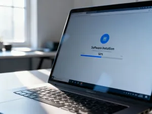 Nowoczesny router bezprzewodowy na drewnianym biurku w jasnym domowym biurze.