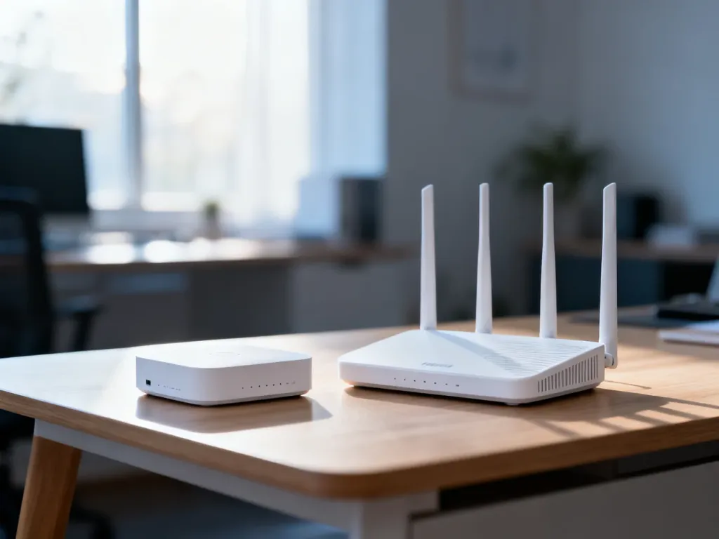 Nowoczesny router z antenami oraz bezprzewodowy punkt dostępowy ustawione obok siebie na biurku.