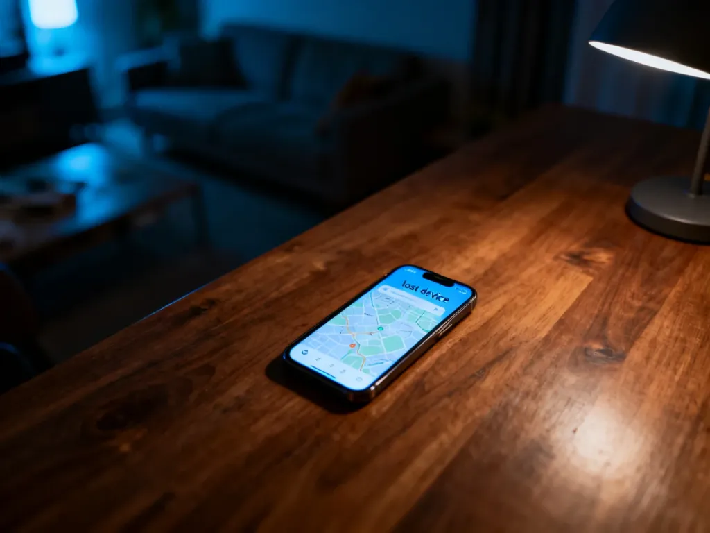 Smartfon leżący na biurku z wyświetloną mapą lokalizacji urządzenia w trybie śledzenia zgubionego telefonu.
