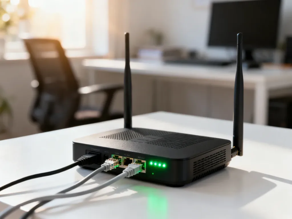 Nowoczesny router TP-Link z podłączonymi kablami Ethernet i świecącymi diodami na biurku w domowym biurze.