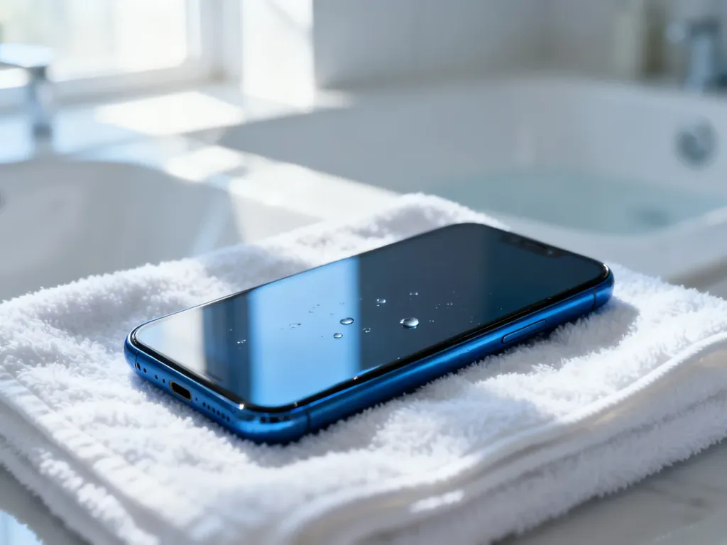 Zalany smartfon leżący na suchym ręczniku, przygotowany do osuszenia po kontakcie z wodą.