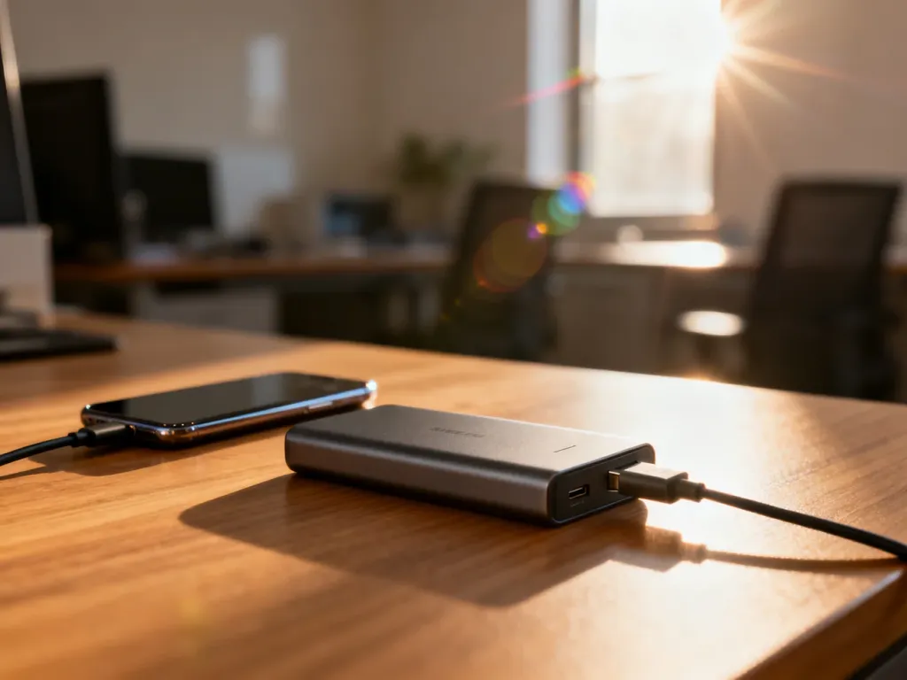 Nowoczesny powerbank podłączony przewodem USB-C do smartfona na drewnianym biurku, gotowy do ładowania urządzenia.