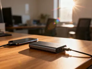 Nowoczesny smartfon z ikoną ładowania na ekranie, leżący na minimalistycznym biurku w biurowym wnętrzu.