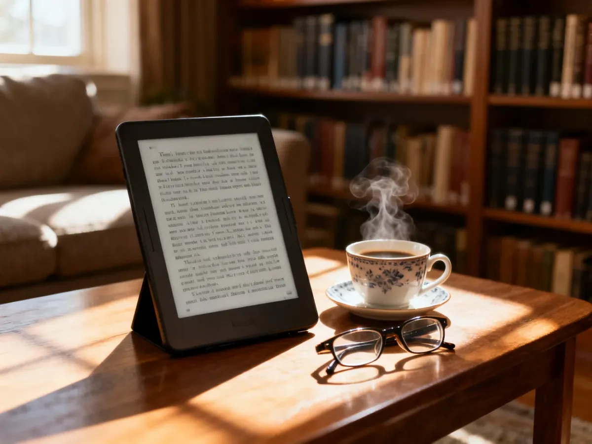 Nowoczesny czytnik ebooków na drewnianym stole obok kawy i okularów, w przytulnym wnętrzu domowej biblioteczki.