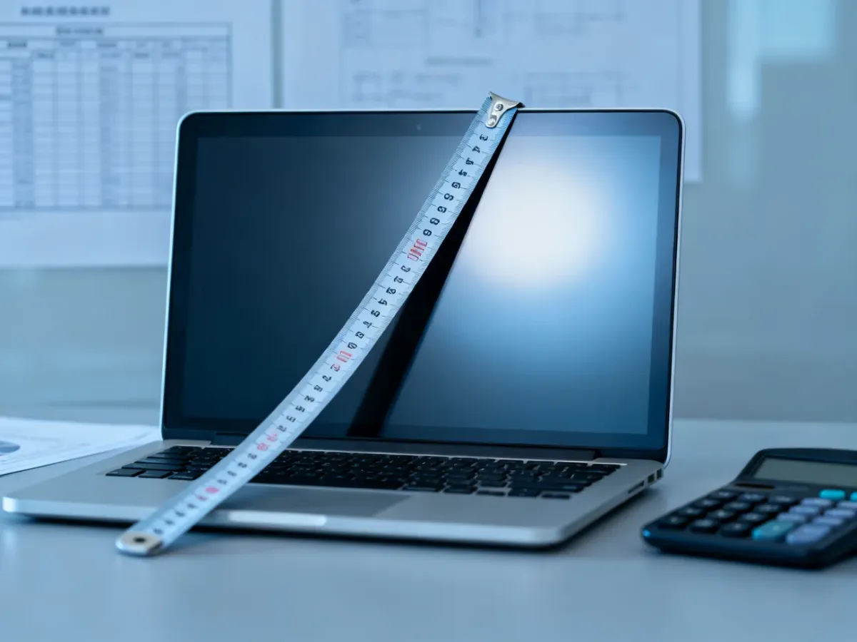 Laptop z miarką przyłożoną po przekątnej ekranu