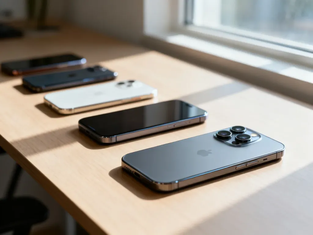 Różne modele smartfonów ułożone na drewnianym biurku, prezentujące ewolucję urządzeń Apple.