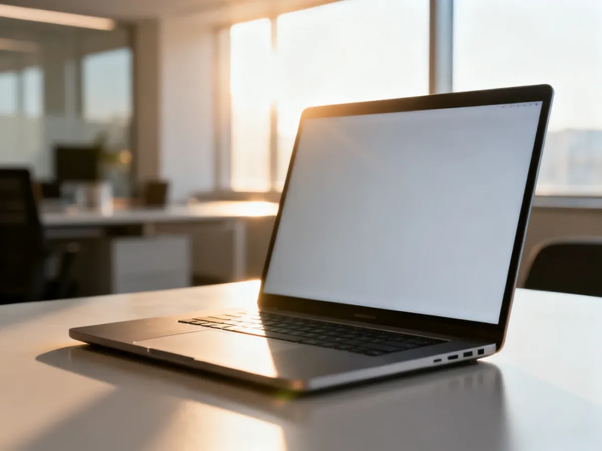 Nowoczesny laptop na minimalistycznym biurku w słonecznym biurze, prezentujący wysoką jakość sprzętu powystawowego.