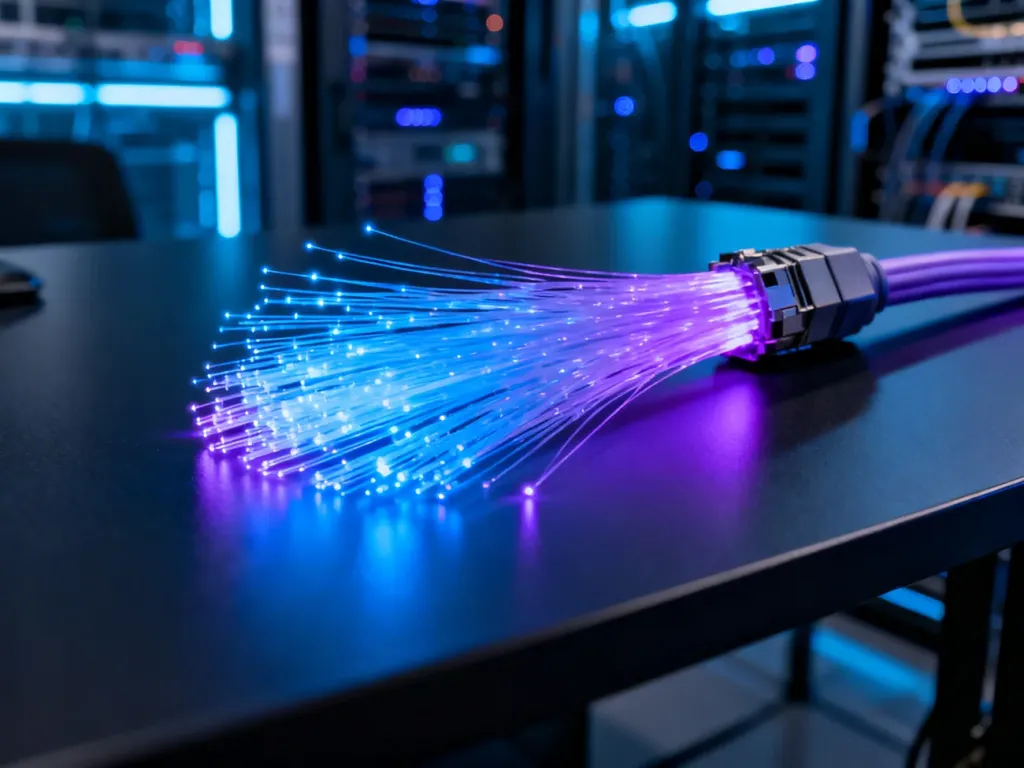 Światłowód emitujący niebieskie i fioletowe światło na tle serwerowni, symbolizujący nowoczesne łącze internetowe.