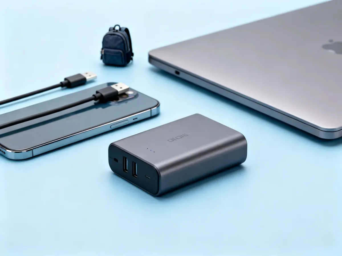 Powerbank obok smartfona, laptopa i kabla USB-C