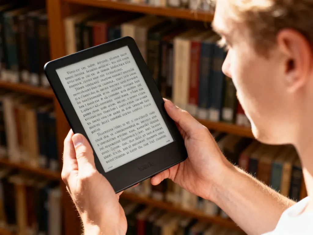 Osoba trzymająca w dłoniach nowoczesny czytnik ebooków z wyraźnym tekstem na ekranie w przytulnym, słonecznym wnętrzu.