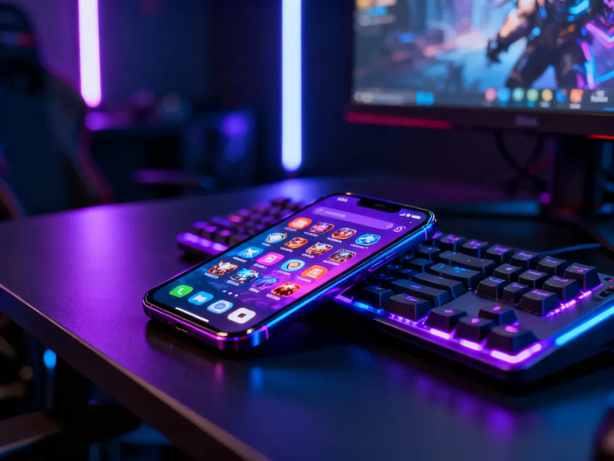 Nowoczesny smartfon z interfejsem gier na tle podświetlanej klawiatury RGB i gamingowego stanowiska.