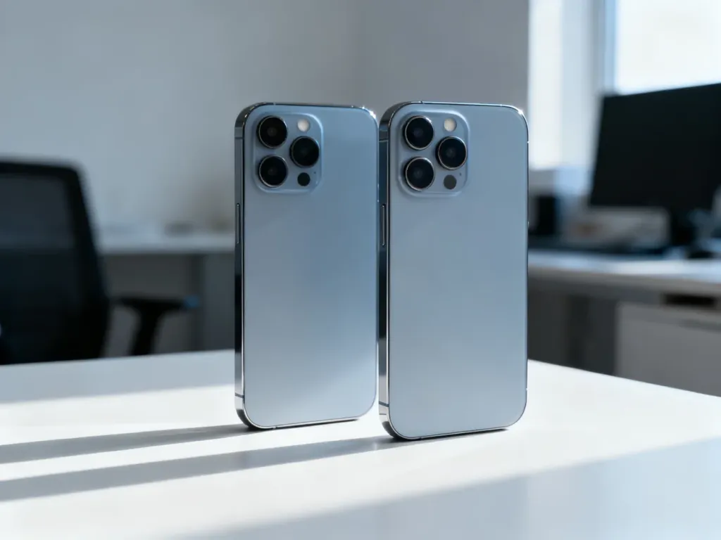 Dwa smartfony iPhone obok siebie: model z dwoma obiektywami oraz wersja Pro z trzema aparatami na minimalistycznym biurku.