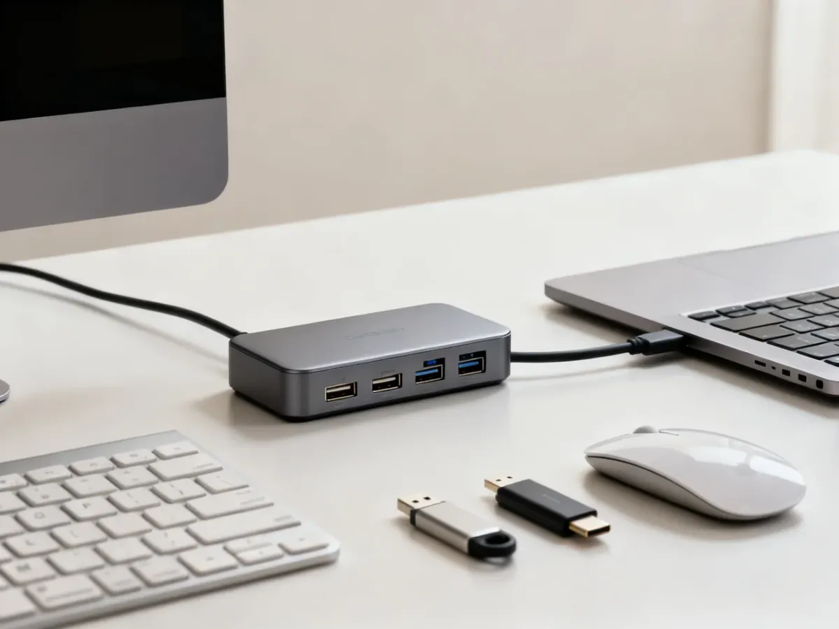 Hub USB podłączony do laptopa i kilku akcesoriów na biurku
