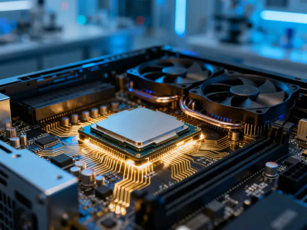 Wnętrze nowoczesnego komputera z widoczną płytą główną, procesorem i układem chłodzenia w technologicznym otoczeniu.
