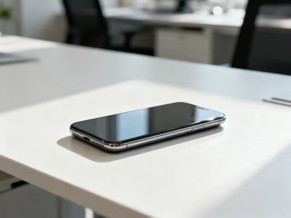 Nowoczesny smartfon na minimalistycznym biurku, prezentujący estetykę i wysoką jakość urządzenia typu odnowiony iPhone.