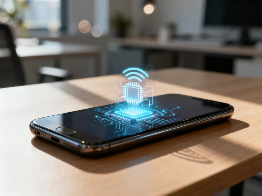 Nowoczesny smartfon na drewnianym biurku z wyświetloną ikoną łączności cyfrowej, symbolizującą technologię eSIM.