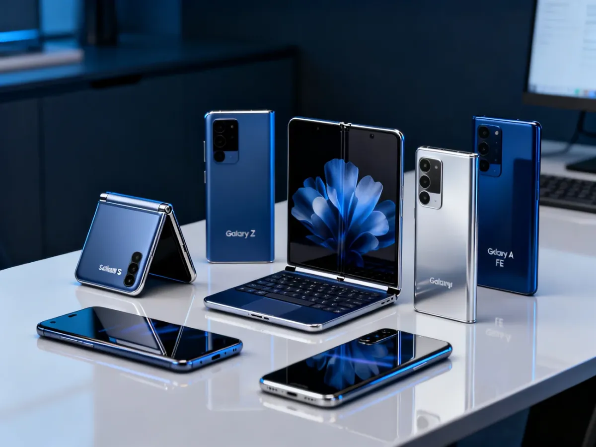 Różne serie smartfonów Samsung, w tym modele klasyczne i składane