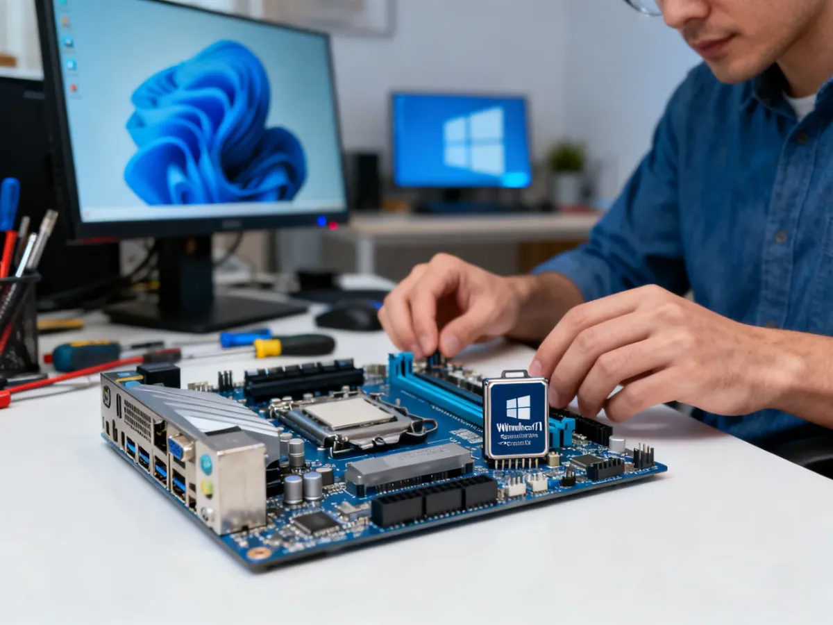 Technician checking a computer’s hardware compatibility with Windows 11