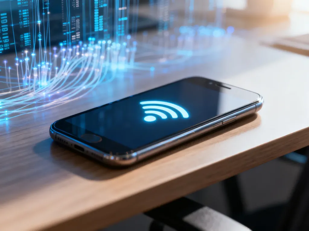 Nowoczesny smartfon z ikoną zasięgu sieci na tle cyfrowych strumieni danych, symbolizujący działanie internetu mobilnego.