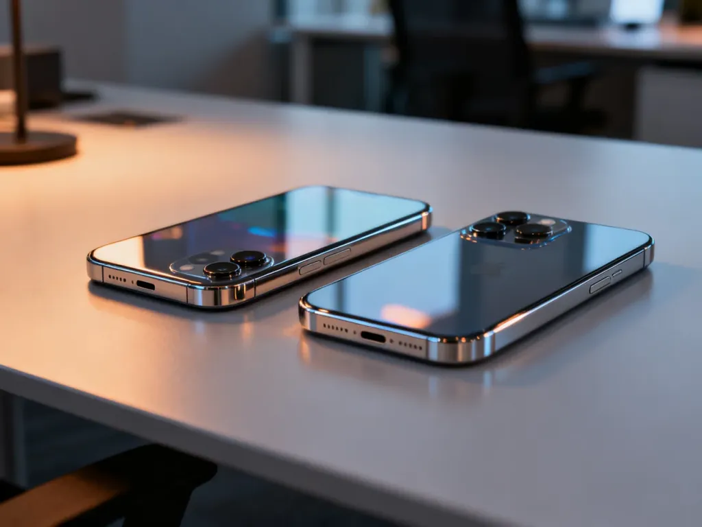 Dwa smartfony iPhone 16 Pro i Pro Max leżące obok siebie na nowoczesnym biurku, prezentujące elegancki design urządzeń.