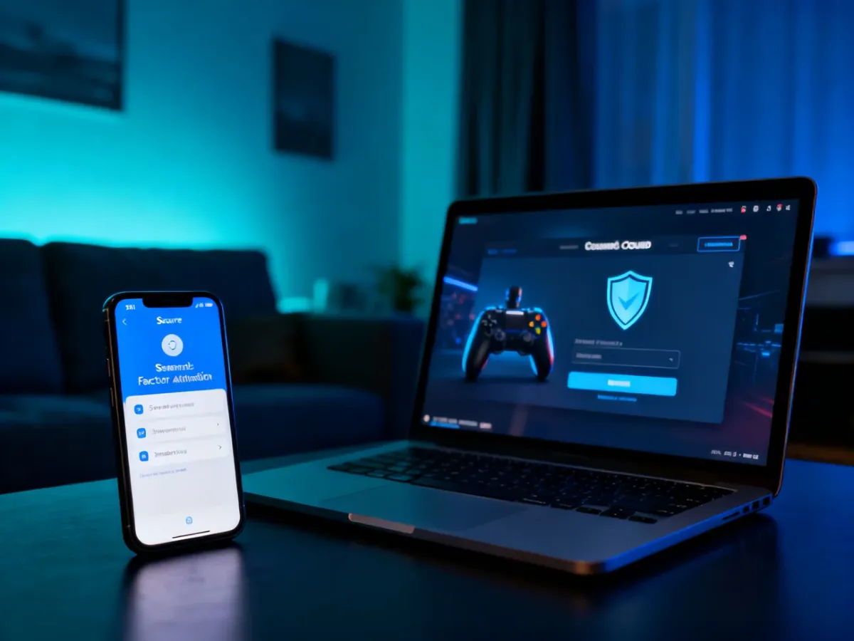 Smartfon z aplikacją uwierzytelniającą obok laptopa używanego do logowania do konta gamingowego