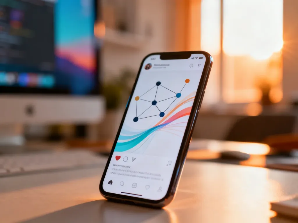 Smartfon z minimalistycznym interfejsem aplikacji społecznościowej na tle nowoczesnego biura domowego.
