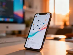 Nowoczesny smartfon z ikoną ustawień na ekranie oraz rysik na drewnianym biurku w słonecznym biurze.