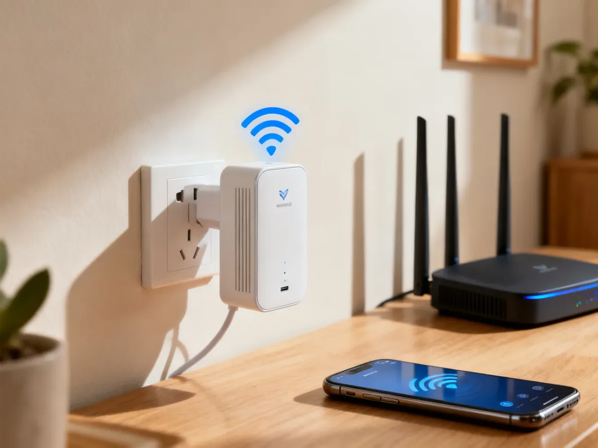 Wzmacniacz WiFi podłączony do gniazdka w domu, z routerem i telefonem w tle